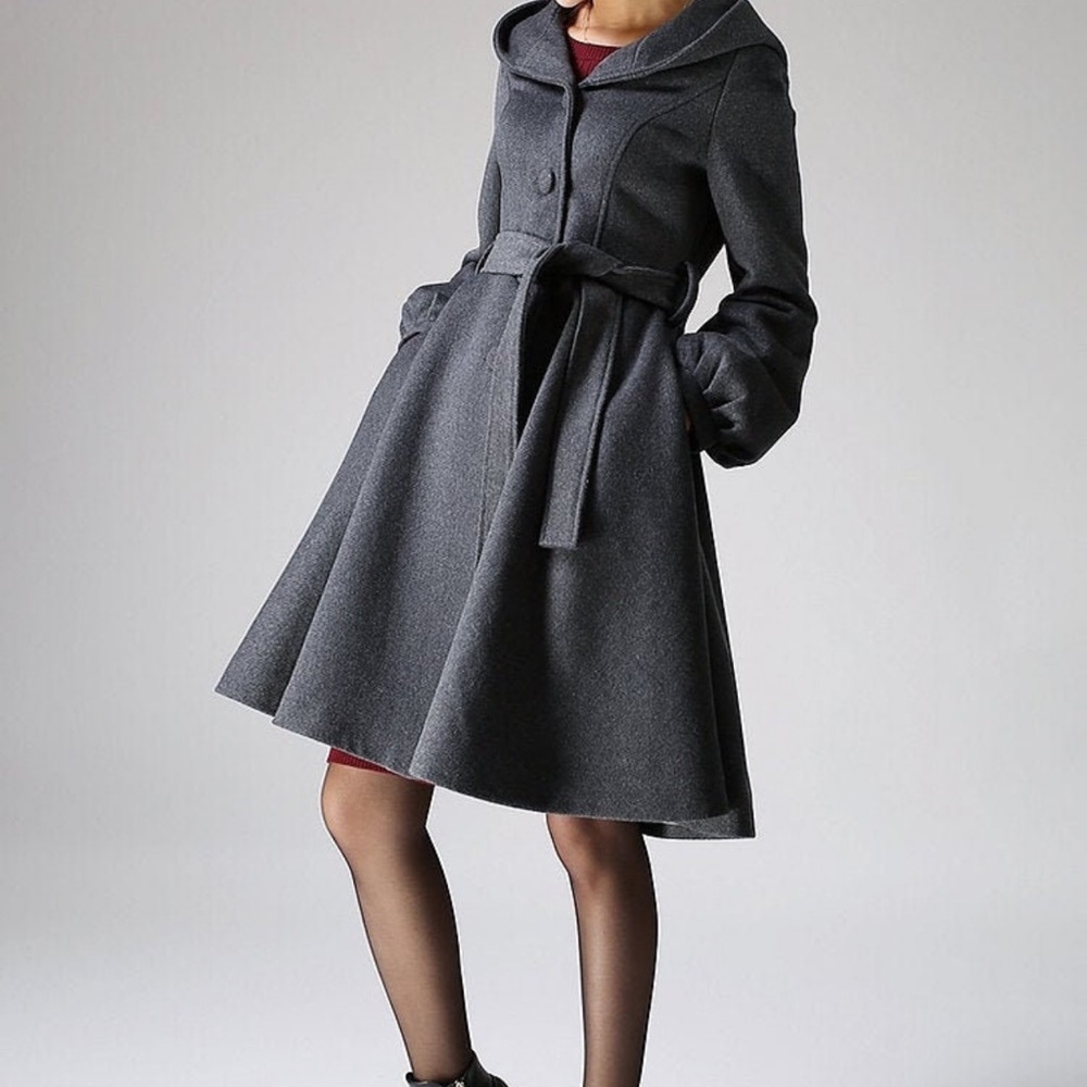 Long sleeve Hooded swing coat, winter wool coat, hooded wool coat, gray coat